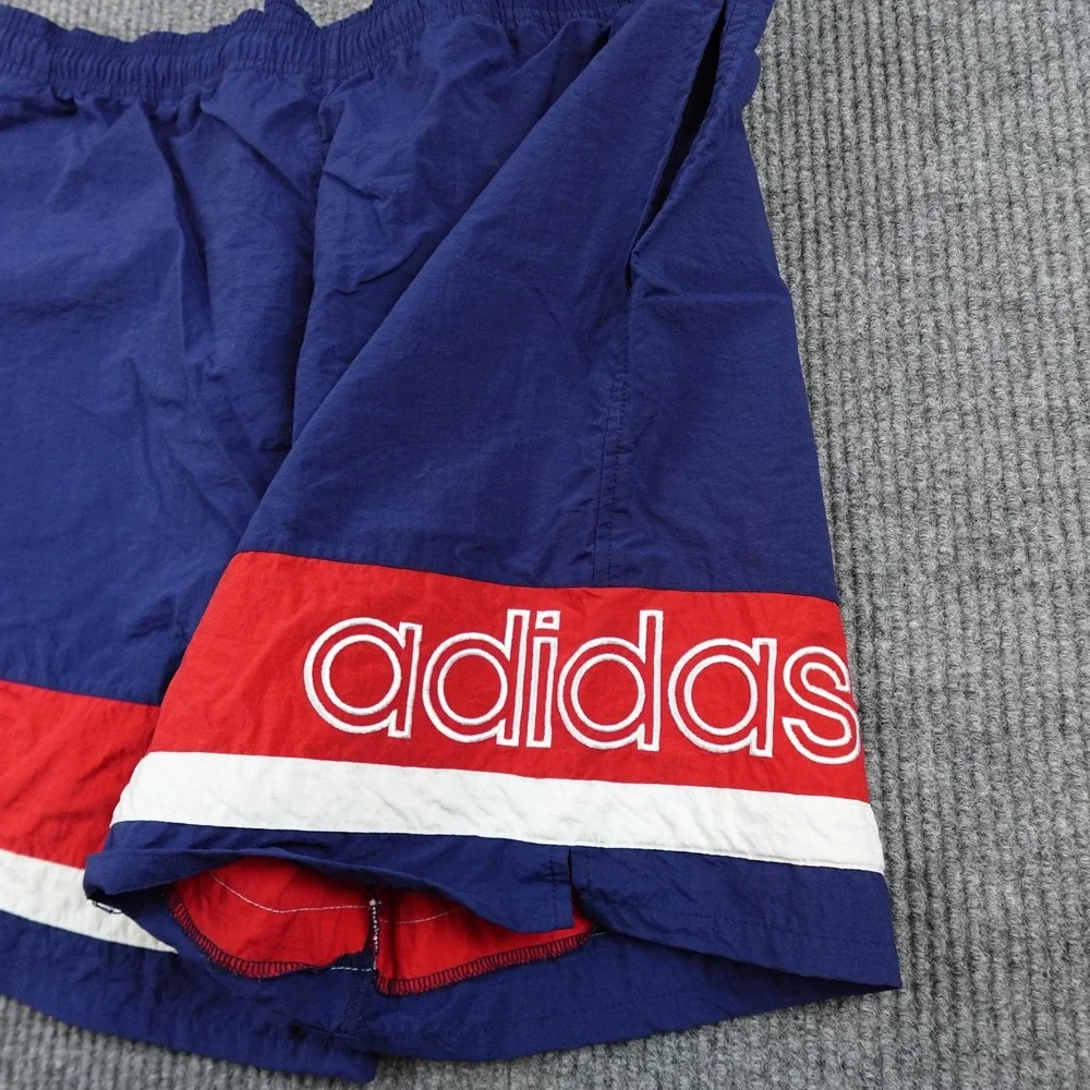 Vintage Adidas Shorts Mens XL Blue Red Colorblock 8 Inseam Nylon Drawstring